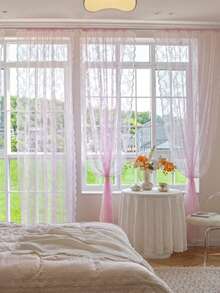1 pieza Cortina romántica de unicolor con doble volante de encaje transparente, adecuada para dormitorio, sala de estar, balcón, decoración de jardín al aire libre, decoración del hogar diaria - Multicolor - Ver 11