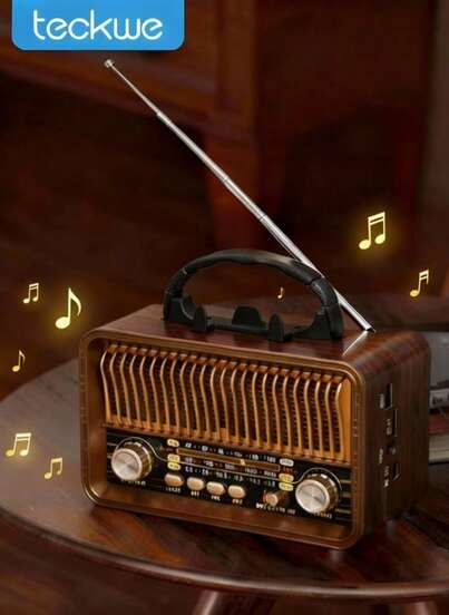 Teckwe Retro Style Portable Radio, Old Fashion Style Radio, Wireless Speaker, FM/AM/SW Adjustable Antenna, Rechargeable Battery Powered & USB Charging, Support TF Card, USB Mp3 Playing Music