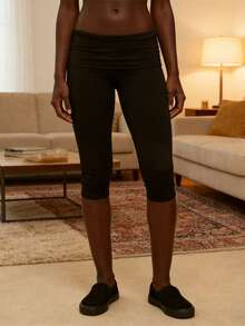 Pantalones capri de mujer de unicolor con cintura baja y pliegue, ajustados, acortados, para verano, yoga, ejercicio y fitness - Negro - Ver 4