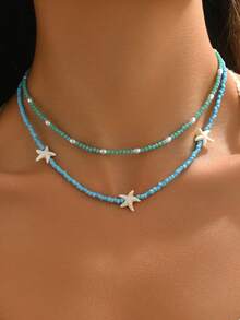 两件套优雅百搭白色仿绿松石海星和仿珍珠串珠多层项链，男女皆宜，适合日常佩戴和海滩度假 - 藍色 - 查看 1