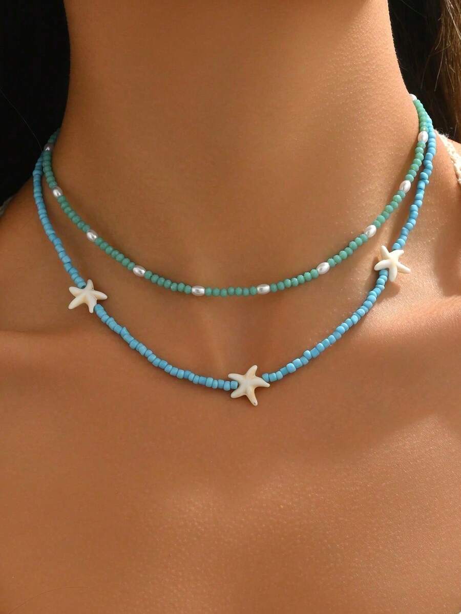 两件套优雅百搭白色仿绿松石海星和仿珍珠串珠多层项链，男女皆宜，适合日常佩戴和海滩度假 - 藍色 - 查看 1