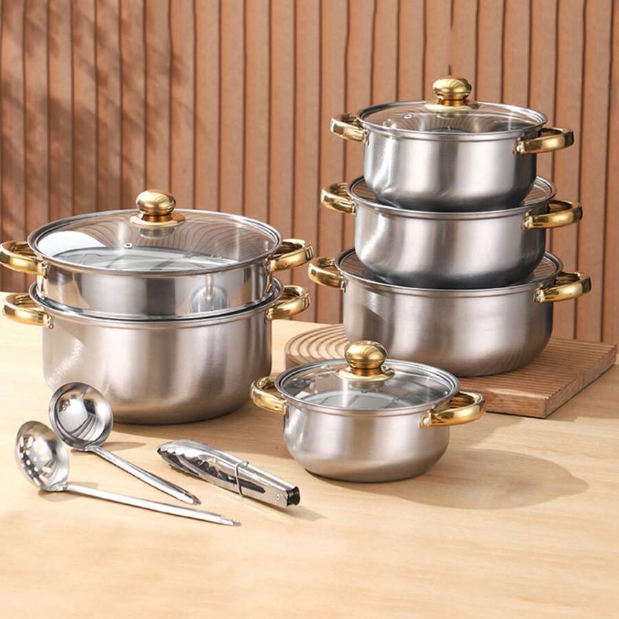 14-Piece Stainless Steel Pot Set With Steam Vents & Glass Lids - Multi-Functional Cookware Set For  Hob & Daily Family Cooking - Silver - View 1