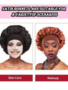 1/2Pcs Silk Bonnet Sleeping, Satin Hair Bonnets, Soft Elastic Band Silk Sleep Cap, Silk Hair Wrap Curly Hair (Black&Pink) Bonnet En Satin-Bonnet-Bonnet Satin Hair Accessories - Multicolor - View 7