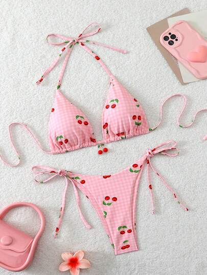 Women's Cherry Print Cute Backless Tie-Up Bikini Set, Vacation