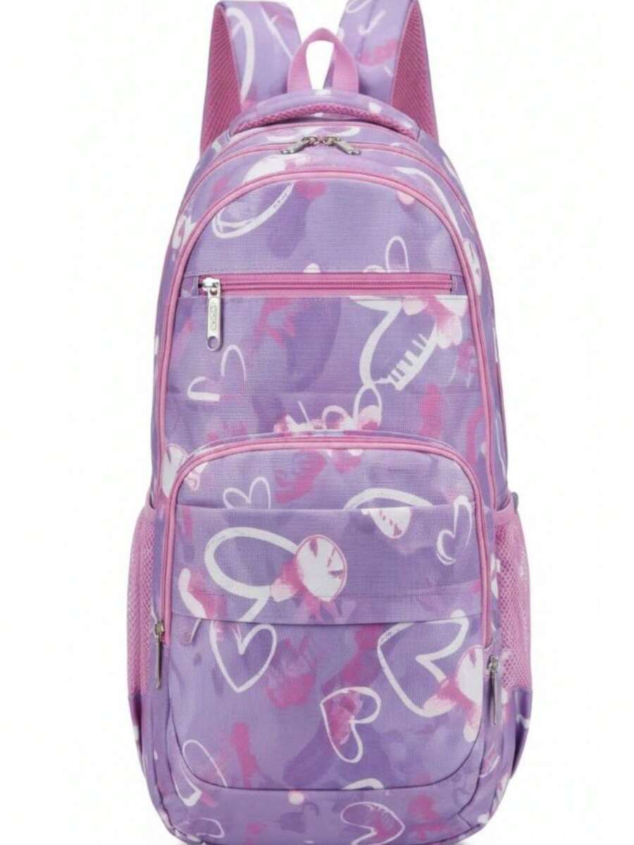 Girls' School Backpack, Reinforced Polyester Youth Bag - YT-9632 Purple With Heart - View 1