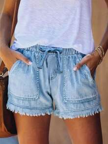 Plus Size Women Pocketed Frayed Hem Casual Loose Denim Shorts Summer - 淺色水洗藍 - 查看 2