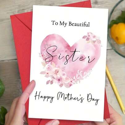 1pc Heartfelt Mother's Day & Sister Appreciation Card | Elegant Design With Pink Floral Heart, Perfect For Celebrating Sisters, Sentimental Gift From Sibling, Mothers Day Gifts For Mom