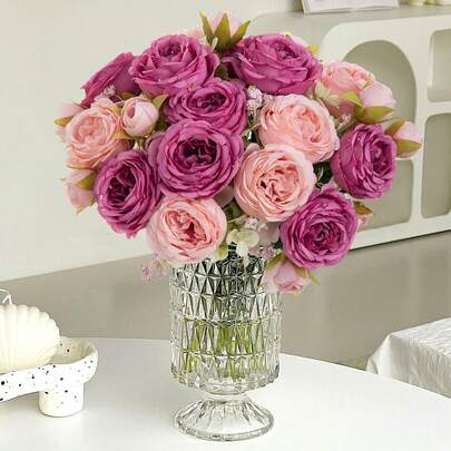 1支仿真玫瑰，泡沫小玫瑰和假植物，适合春季装饰、婚礼装饰、新娘手捧花、家居装饰、厨房、客厅、卧室、阳台装饰、情人节礼物、新年装饰