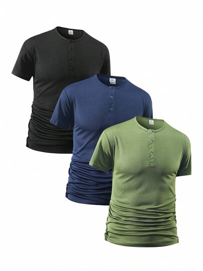男士四季皆宜亨利领T恤三件装 | 修身短袖无袖T恤，适合日常通勤和街头穿着