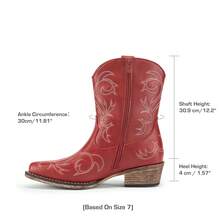 Women's Embroidered Cowboy Cowgirl Western Boots Stitched Ankle Boots With Square Toe, Chunky Heel, And Zipper Closure, Fashionable Short Booties - 紅色 - 查看 4