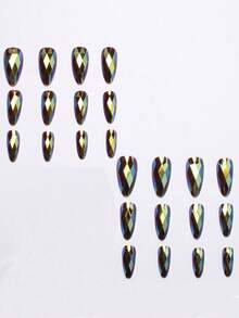 24pcs Almond Holographic Mirror 3D Diamond Cut Futuristic Luxury Press-On Reusable False Nails, Includes 1pc Jelly Gel And 1pc Nail File - Multicolor - View 2