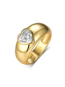 1 pièce Bague large en argent 925 style européen et américain avec zircone cubique incrusté en forme de cœur, bijou convenant pour le mariage, la fête, le port quotidien, cadeau de la Saint-Valentin - Or jaune - Voir 3