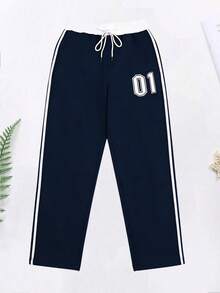Side Stripe Numeric Print Drawstring Sweatpants | Retro Straight Leg Sweatpants, Color Block Casual Fitness Joggers - Essential For Everyone Sports - Blue - View 2