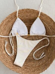Mother's Day 1pc Elegant Colorful Striped Beaded Halter Bikini Set, Suitable For Summer Beach Vacation - Multicolor - View 6
