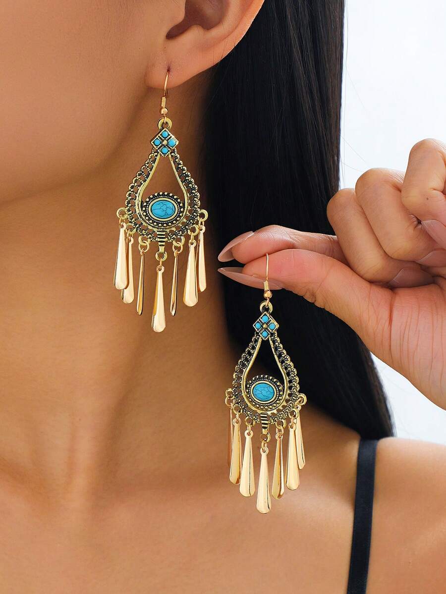 1 Pair Bohemian Turquoise Tassel Drop Earrings, Vintage Gold Plated Dangle Earrings For Women, Retro Teardrop Boho Jewelry For Party & Vacation - Ancient Bronze - View 1