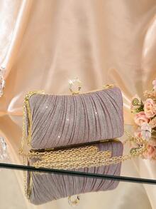 1 件时尚粉色褶皱亮片戒指手拿包，钻石金属奢华舞厅手提包，荷叶边设计，休闲派对婚礼钱包，完美适用于女性办公室、商务旅行、外出、通勤等场合。 - 粉色 - 查看 2