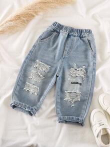 Quần jean denim dáng rộng, in họa tiết rách rưới dành cho bé trai, thích hợp cho mặc thường ngày, đi học, dã ngoại, mùa xuân. - Màu xanh nhạt - Xem 3