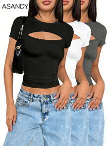 3pcs/Set Women Casual Sexy Hollow Out Chest Short Sleeve Tops Summer - Black, White and Gray - View 1