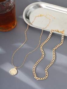 Set de 2 collares superpuestos, con cadena gruesa y colgante de ojo malvado con incrustaciones de circonita cúbica, uso fashionable para fiestas para niñas - Amarillo Oro - Ver 5