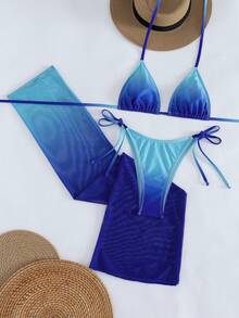 3件套性感渐变黄绿色吊带比基尼套装 - 三角杯上衣 + 系带腰泳裤 + 修身中长裙 | 夏季海滩度假必备泳装 - 藍色 - 查看 3