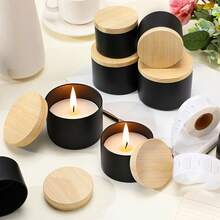 一套46个黑色蜡烛罐，每个4盎司，配有哑光木纹盖 - 非常适合蜡烛制作、艺术创作和小物件收纳 - 内含6个罐子、14根烛芯、6个烛芯支架和20个标签 - 6Pcs 黑色蠟燭罐 + 40 蠟燭製作配件 - 查看 2