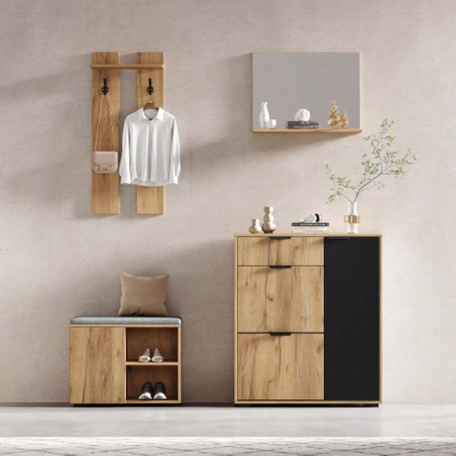 Hallway Wall-Mounted Wardrobe Set; Wardrobe Set With Bench And Shoe Rack, 1 Mirror, 1 Drawer, 2 Hooks, 4 Doors, Natural And Black, W 140 * D 35 * H 139 Cm - Wood Color - View 1