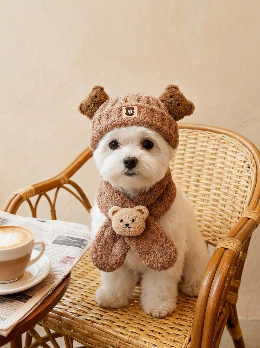 PETSIN 2件套宠物帽+围巾套装，卡通宠物帽毛绒宠物帽狗狗帽，卡通熊宠物围巾，适合小型犬秋冬季佩戴 - 彩色 - 查看 1