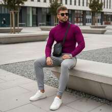 Cacharrel Men's Turtleneck Knit Sweater Slim Men's Sweater Thermal Blouse Cold Sweater - 玫瑰紅 - 查看 4