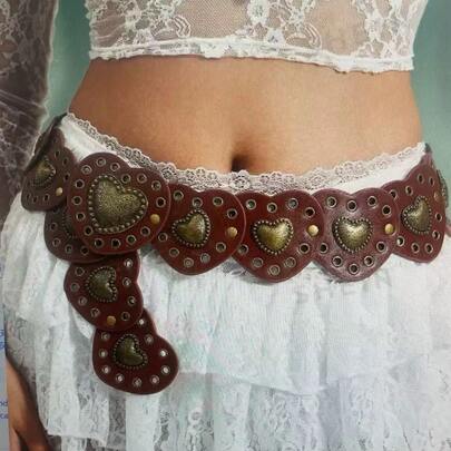 复古美式心形铆钉拼接腰带，镂空性感腰带，亮面波西米亚风PU皮革腰带，四季皆宜