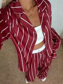 Nina Bonheur 2 piezas Conjunto de pijama de manga larga holgado, cómodo y transpirable con rayas, adecuado para estar en casa - Burdeos - Ver 6