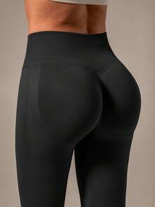 NcmRyu Leggings elásticos de cintura alta de unicolor con costillas sin costuras y ajuste ceñido para mujer, primavera - Negro - Ver 5