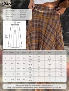 Aflion 女士新款春夏棕黄格纹印花腰部不对称下摆中长裙 - 复古休闲连衣裙，适合约会、派对、日常休闲、学院风、度假、音乐节和周末出游 - 彩色 - 查看 5