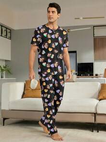 Conjunto de pijama personalizado para hombres, camiseta de manga corta y pantalón largo personalizado con patrón de corazón colorido, ropa de estar en casa cómoda y casual, opción de regalo - Negro - Ver 4