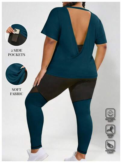 Plus Size Women Solid Color Short Sleeve T-Shirt And Mesh Patchwork Leggings Sports Suit