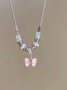 Cute Pink Bow Necklace, Chic & Luxury Beaded Choker Necklace For Women - Butterfly Pendant Necklace - View 4