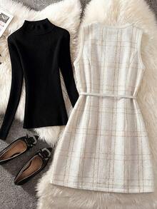 女士时尚无袖格子外套，采用春季格子图案设计，配有腰带和前襟纽扣，适合派对、节日、休闲外出和度假穿着。白色 - 白色 - 查看 3