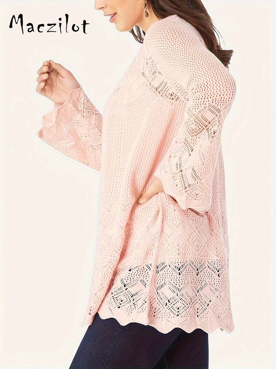Women's Lightweight Cover Up, Loose Fit Hollow Out Flare Sleeve Mid-Length Shawl Collar Sweater, Soft Pink - Baby Pink - View 1