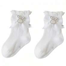 Baby Girl Socks With Bows Soft Pearl Bunny Infant Princess Dress Socks Toddler Ruffle Socks - White - View 6