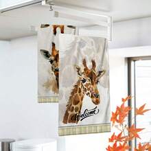 2/4/48pcs Spring & Summer Series Pale Yellow Plaid Trim, Watercolor Giraffe Head Print Kitchen Towels - Super Soft, Highly Absorbent Polyester Dish Towels & Hand Towels, Ideal For Holiday Decor, New Year Gifts, Kitchen Decor, Party Decorations - Multicolor - View 2