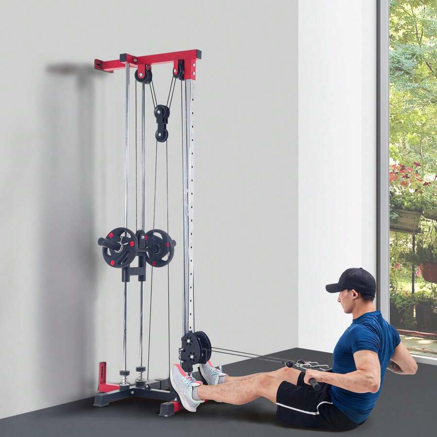 Máquina de tracción y cable LAT montada en la pared, sistema de polea doble, 20 ajustes de altura, capacidad de 400 libras, entrenador de gimnasio en casa de cuerpo completo, diseño que ahorra espacio - Negro y rojo - Ver 1