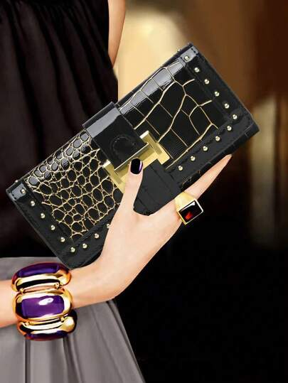 1 pezzo Portafoglio clutch in PU con decorazione a contrasto di colore marrone, alla moda e versatile, adatto per le donne, elegante portafoglio bifold
