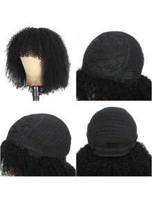 Afro Kinky Curly Human Hair Wig With Bangs For Women Black Brazilian Remy Full Machine Made Hair Without Glue And Gel - Natural Black - View 6