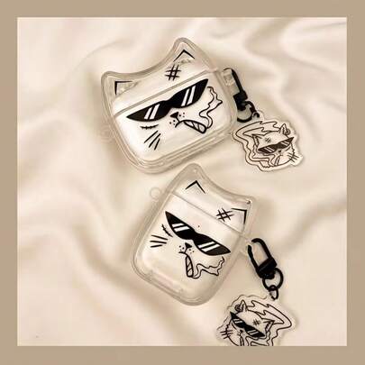 Cartoon Fashion Glasses Smoking Cat Earphone Case Suitable For Apple Bluetooth Earphones, Fashionable Women Minimalist Earphone Protective Cover