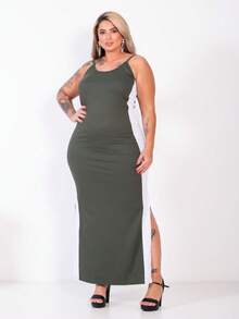 Plus Size Curvy Style Strappy Dress With Thin Straps, Side Slit, Ribbed Fabric, Extra Large, Long, Elastane, For Formal Parties And Maternity Wear. - Army Green - View 3