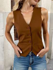 ZALLA Women's V-Neck Vest With Faux Pockets, Tailored Dress Shirt - 鏽棕色 - 查看 1