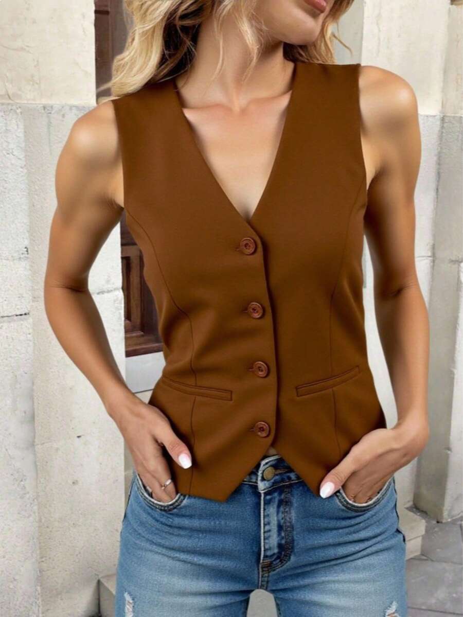 ZALLA Women's V-Neck Vest With Faux Pockets, Tailored Dress Shirt - 鏽棕色 - 查看 1