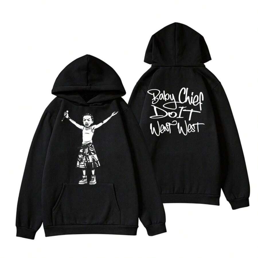 BabyChiefDoit WENT WEST Streetwear Hoodie Graphic Print Adjustable Drawstring Unisex Oversized Fit - 黑色 - 查看 1