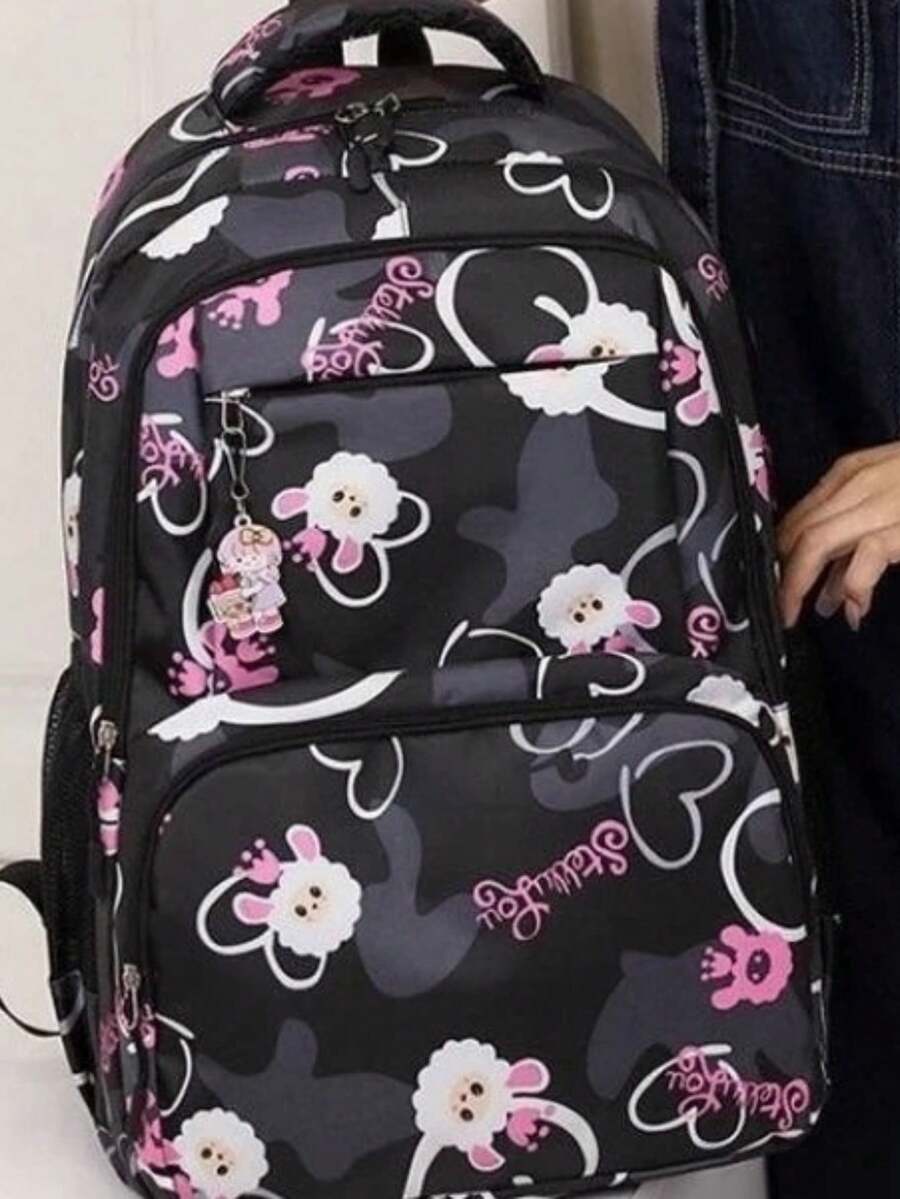 Girls' School Backpack, Reinforced Polyester Youth Bag - YT-9507 Black With Sheep - View 1