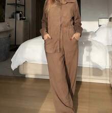 Elegant Casual Linen Party Set With Buttons Down The Front, Button Pocket, Shirt And Pants With Lining, Suitable For Office Or Beach. - Cà phê nâu - Xem 2