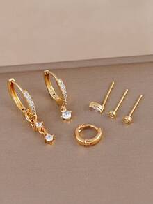 Set de 6 piezas de aretes minimalistas dorados, aretes colgantes y de botón con CZ brillantes para uso diario de mujeres - Amarillo Oro - Ver 3
